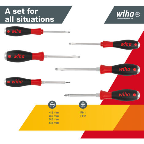 Wiha screwdriver set with striking cap SoftFinish® (21250) 6 pcs. I screwdriver set for everyday use, craftspeople, industry I fastening tool slotted/cross