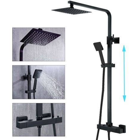 Bathroom Thermostatic Mixer Shower Set Matt Black Square Twin Head Exposed Valve