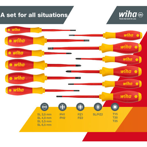 Wiha screwdriver set 12 pcs. electricians VDE tested, insulated 1,000 V (41003) I professional screwdriver set with thin tip slotted/cross/Phillips/Torx/PlusMinus I electrician tool
