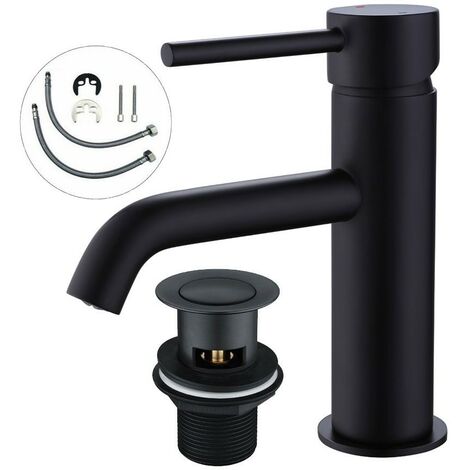 Round Matt Black Bathroom Basin Tap Sink Mono Mixer + Flexi Tails + Waste