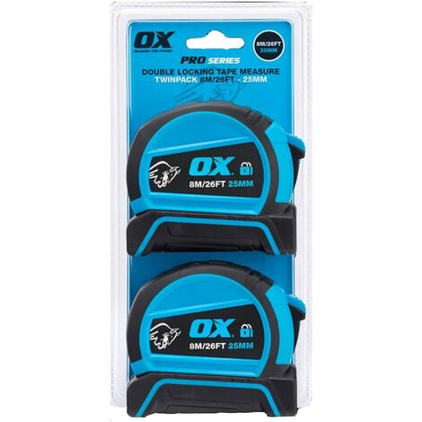 OX Pro Tape Measures Dual Auto Lock Double Sided Tape Twin Pack 8m /26ft P505488