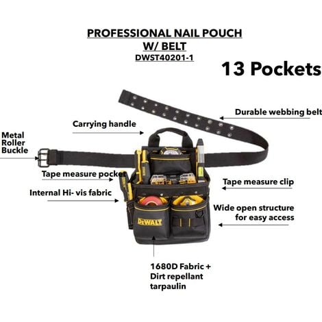 Dewalt DWST40201-1 Nail Pouch With Belt Hi-Vis Fabric Hammer Loops + 13 Pocket