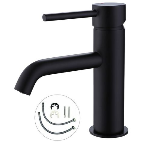 Matt Black Round Cloakroom Basin Mixer Tap Sink Mono Bathroom + Flexi Tails