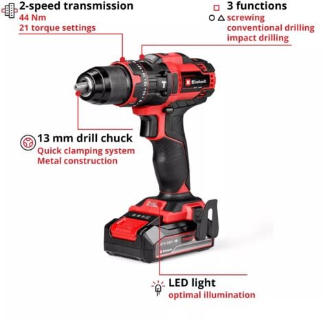 Einhell TE-CD 18/44 Cordless Combi Drill PXC 18v Metal Chuck 2 x Batteries