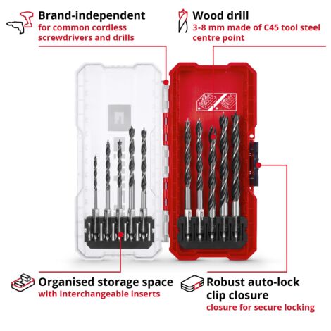 Einhell Premium KWB 10 Piece Brad Wood Drill Bit Set Carbide 175mm Clear S-Case