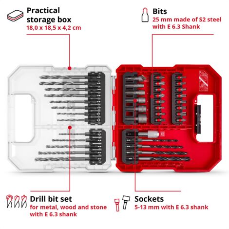 Einhell Premium KWB 40 Piece Drill Bit Set Masonry HSS Brad Wood Bits Sockets