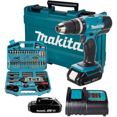Makita DHP453 LXT 18v Lithium Combi Hammer Drill 2x Batt 100 Screwdriver Bit Set (1/5)