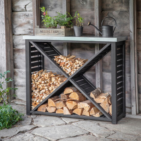 Garden Trading Moreton Cross Wooden Large Log Wood Store Kindling Shelf Black (1/2)