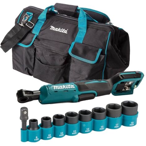 Makita DWR180Z 18v Ratchet Wrench 1/4""-3/8"" Square Drive + 9PC 3/8"" Set + Bag (1/5)