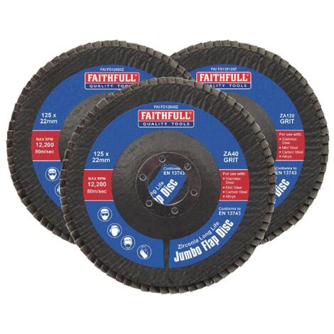Faithfull Zirconia Abrasive Jumbo Flap Disc 125 x 22mm Mixed Grit (3 Pack) (1/2)