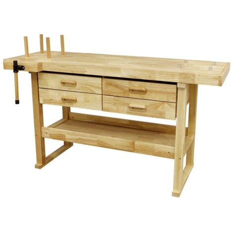 Woodworking bench with 4 drawers – Rubberwood construction – Tool well, shelf, front vice – Bench dimensions 1520 x 620 x 820mm – Sealey (1/5)