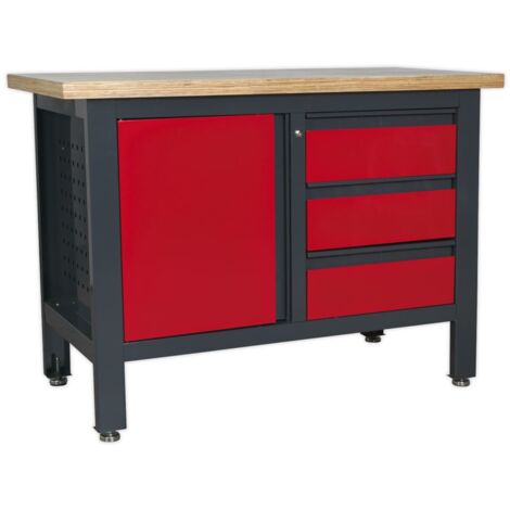 Sealey – Workbench AP1372B with 3 drawers and cupboard – Heavy-duty metal frame – 1200mm width for stability – Adjustable feet for uneven surfaces (1/5)