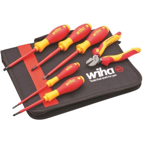 Wiha VDE Electricians Pz Flat Screwdriver + Side Cutter Plier Set in Soft Case
