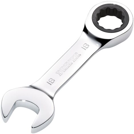 Draper 18mm Hi-Torq® Stubby Ratchet Spanner (27915) – Compact Metric Combination Wrench with Reversible Ratchet Mechanism (1/2)
