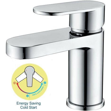 Chrome Compact Cold Eco Start Round Mono Basin Mixer Tap + Clicker Waste WRAS