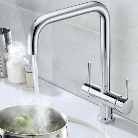 Chrome 3 in 1 Instant Boiling Hot Water Twin Lever Kitchen Tap Only Cool Touch