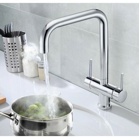 Chrome 3 in 1 Instant Boiling Hot Water Twin Lever Kitchen Tap Only Cool Touch