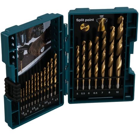 Makita 19 Piece HSS TiN Metal Steel Drill Bit Set Titanium 1-10mm Bits + Case