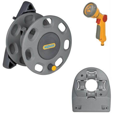 Hozelock 2420 30m Wall Compact Mounted Hose Reel, Hose Guide and 2679 Spray Gun
