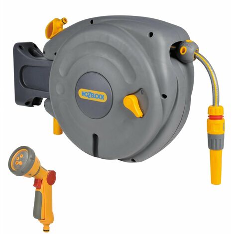 Hozelock 2485 10m Mini Hose Reel Automatic Retracting Auto Reel & 2679 Spray Gun