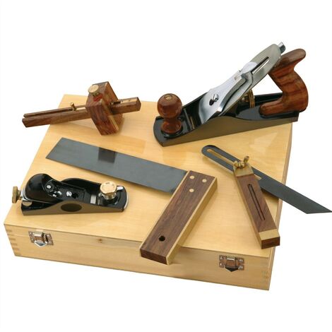 5 Piece Carpenters Woodworking Tool Kit Planes Try Square Bevel + Wooden Case