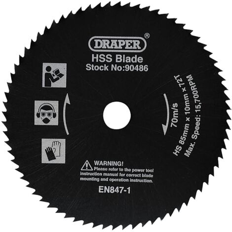 Draper Storm Force® 85mm HSS Mini Circular Saw Blade, 1.3mm Kerf, 72 Teeth, Suitable for Metal and Wood Cutting, Model 90486 (1/5)