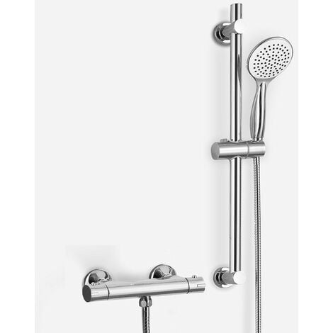 Round Chrome Thermostatic Shower Mixer Bar Valve & Slider Rail Kit Handset + FFK