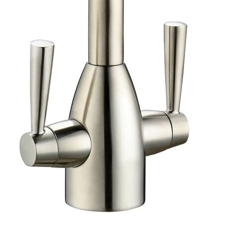 Modern Mono Kitchen Sink Mixer Tap Brushed Nickel Twin Lever Swivel Spout +Flexi