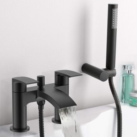 Matt Black Waterfall Curve Deck Mounted Bath Shower Mixer Tap + Shower Head