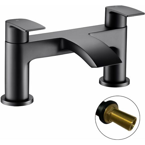 Matt Black Curve Waterfall Deck Mounted Bath Tap Dual Lever Bathroom Filler Taps