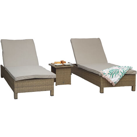 Signature Weave Sarena Wicker 2x Sun Lounger Bed Chair & Side Table Natural (1/2)