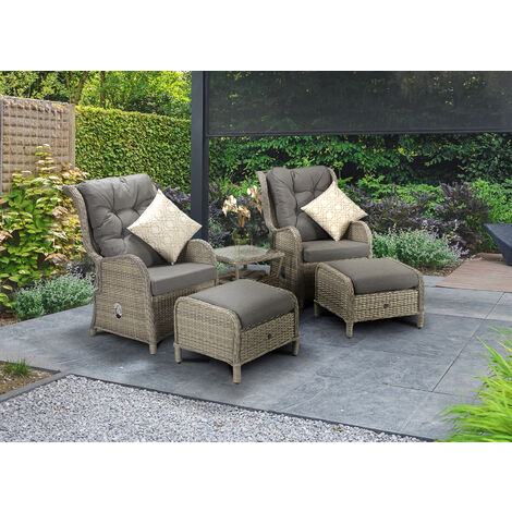 Signature Weave Meghan Wicker 2 x Reclining Chair Lounger Footstool Table Set (1/5)