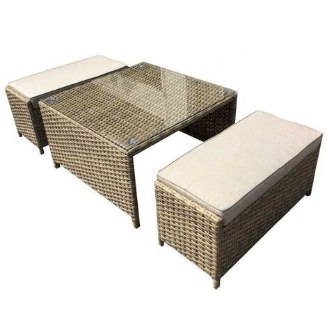 Signature Weave Elizabeth Wicker Coffee Table & 2x Ottoman Stool Seats Natural (1/2)