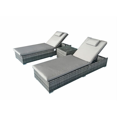 Signature Weave Jessica Wicker 2 x Sun Lounger Chair & Side Drinks Table Grey (1/4)