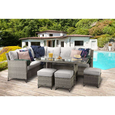 Signature Weave Edwina Wicker Corner Sofa Dining Table Set 3 x Stools Light Grey (1/4)