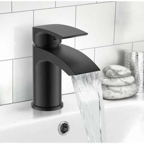 Black Waterfall Cloakroom Mini Basin Mixer Tap Sink Mono Bathroom + Waste 10yr