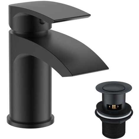 Black Curve Waterfall Cloakroom Mini Basin Mixer Tap Sink Mono Bathroom + Waste