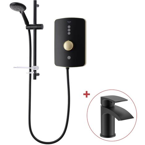 Triton Amala Metallic 8.5kW Brushed Brass Electric Shower Matt Black + Tap (1/4)