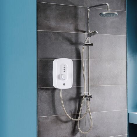 Triton – Electric shower 10.5kW with 5 spray patterns – Modern white finish – Diverter for fixed head and handset – Phased shutdown safety feature (1/7)