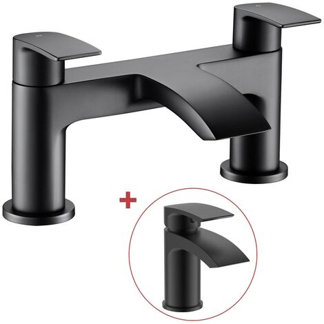 Matt Black Curve Waterfall Deck Mounted Bath Tap Dual Lever Bath Filler + Tap