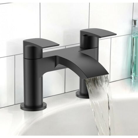 Matt Black Curve Waterfall Deck Mounted Bath Tap Dual Lever Bath Filler + Tap