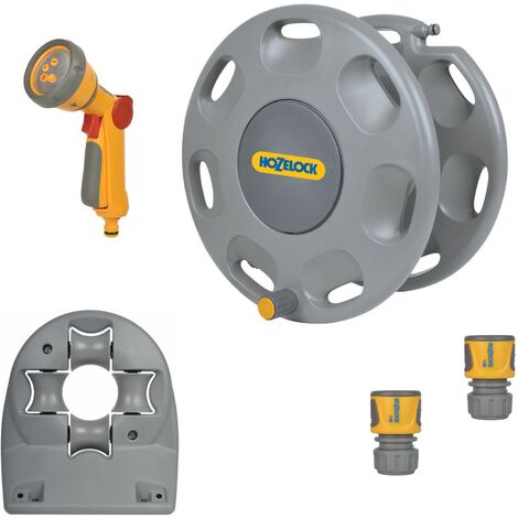 Hozelock 2390 60m Wall Mounted Hose Reel & Hose Guide & 2679 Multi Spray Gun (1/4)
