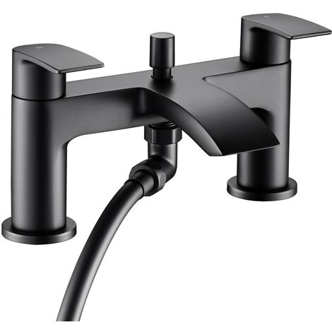 Matt Black Waterfall Curve Deck Mounted Bath Shower Mixer + Shower Head ...