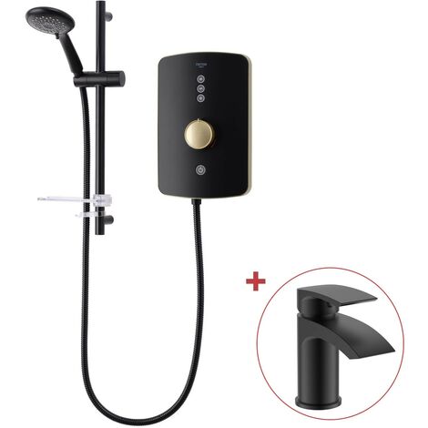 Triton Amala Metallic 9.5kW Brushed Brass Electric Shower Matt Black Finish +Tap (1/4)