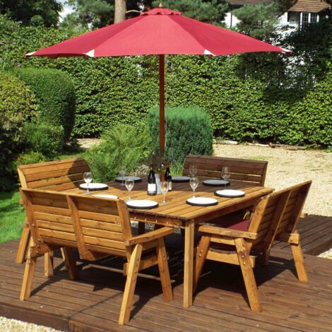 Charles Taylor 8 Seater Wooden Square Table & 4 x Garden Benches Parasol Green