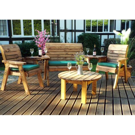 Charles Taylor Wooden Garden 4 Seater Chair Bench Set Round Table Green Cushion (1/5)