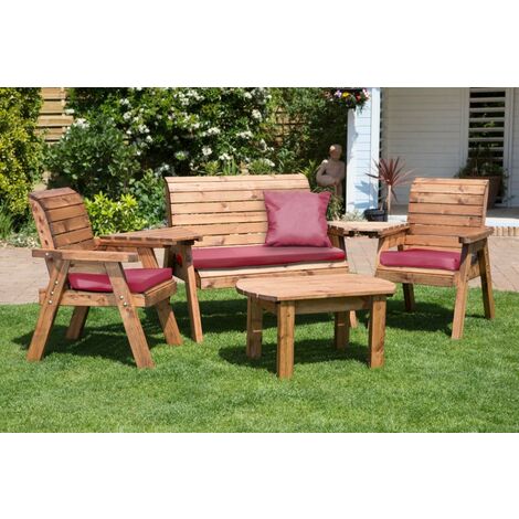 Charles Taylor Wooden Garden 4 Seater Multi Chair Bench Set & Table Red Cushion (1/4)