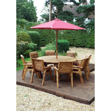 Charles Taylor 8 Seater Wooden Round Garden Dining Table & Chairs Parasol Red