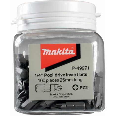 Makita x 100 Pozi No 2 25mm Hex Insert Bits In Candy Tub PZ2 P-49971 100 Pieces