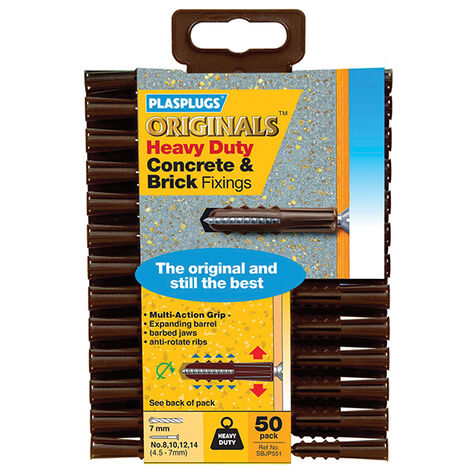 Pack of 50 heavy-duty wall plugs 7mm for concrete and brick – Multi-action grips and anti-rotate ribs – Ideal for shelving and lighting – Plasplugs (1/2)